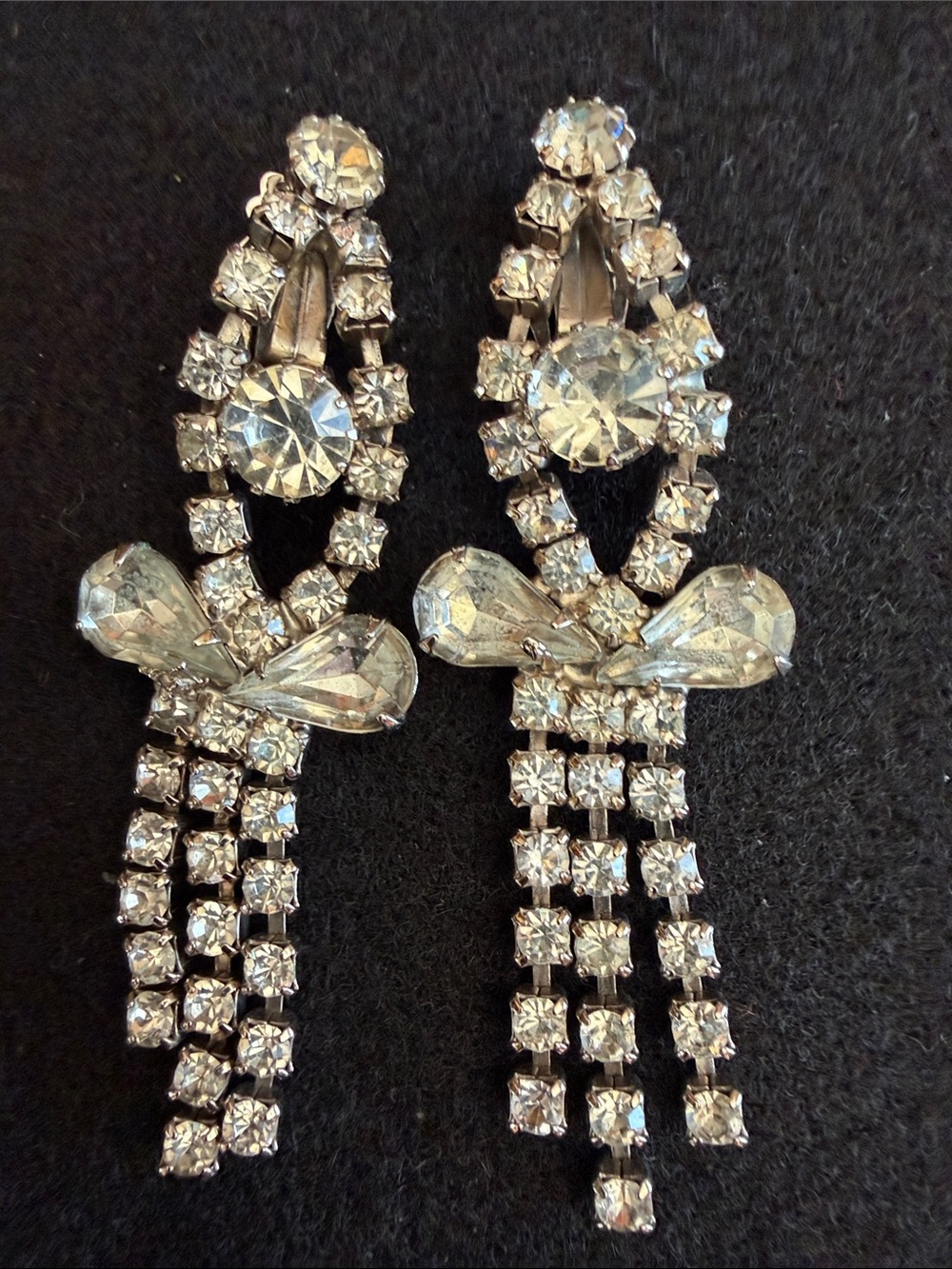 1950’s Art Deco Drop Dangle Earrings - Clear Rhinestone Statement